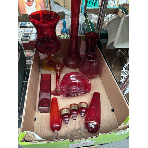99 - Box containing ornate red art glass vases etc