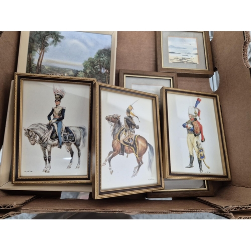 100 - Box containing miniature water colours and 4 framed tiles