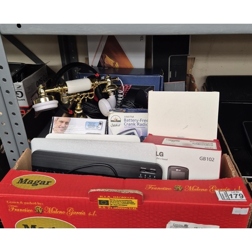 179 - Box containing electronics including vintage phones, i-docks, wireless keyboard etc