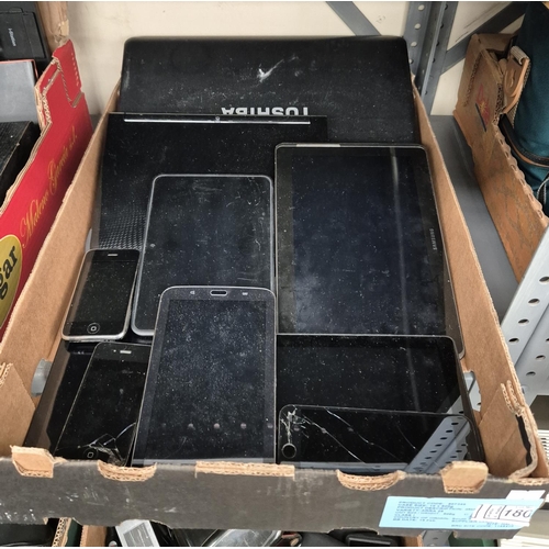 180 - Box containing Toshiba laptop and assorted tablets and phones. A/F