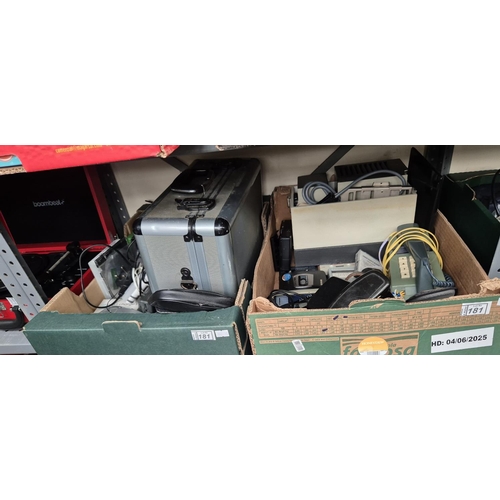 181 - 2 Boxes containing electronics including cassette recorders, headphones etc