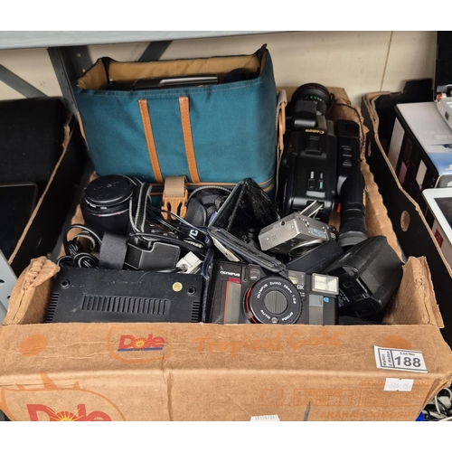 188 - Box containing electronics including a Canon video camera, and assorted cameras including Olympus