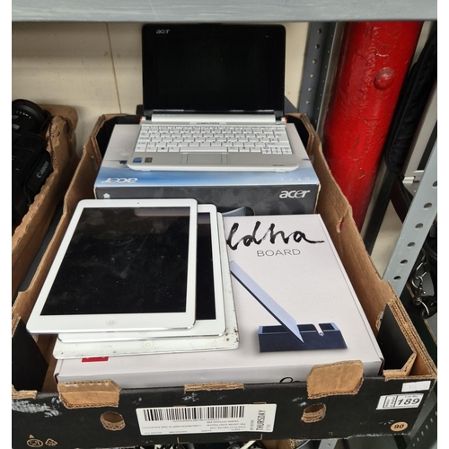 189 - Box containing Acer Aspire laptop and assorted iPads etc