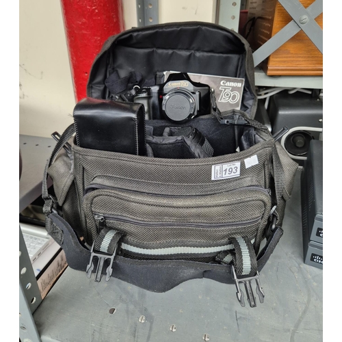 193 - Canon T90 camera with original lens and accessories including 2 other lenses