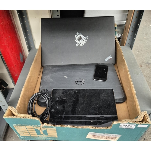 197 - Box containing 2 Laptops including Dell, Apple iPad and iPod