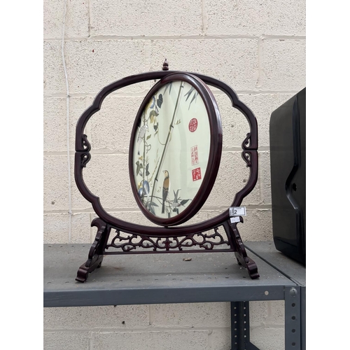 2 - Oriental double sided table screen featuring embroidered birds