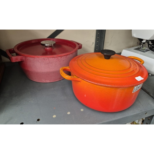 202 - Le Creuset and Pyrex cast iron casserole dishes