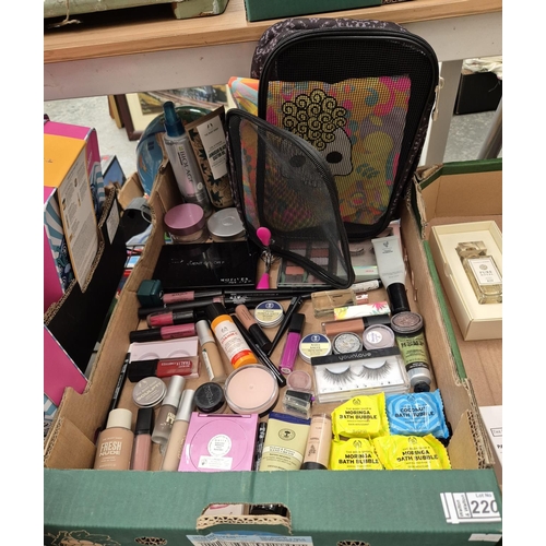 220 - Box containing assorted cosmetics including Motives, Body Shop, and Younique