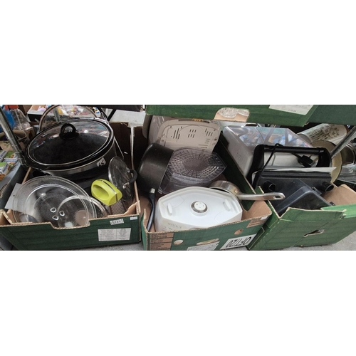 231 - 3 Boxes containing kitchenalia including a slow cooker and grilling machine