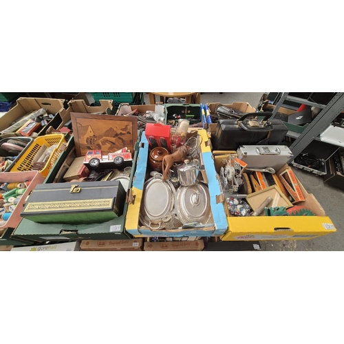 235 - 3 Boxes containing vintage razors, gents shoe brushes, plated ware etc