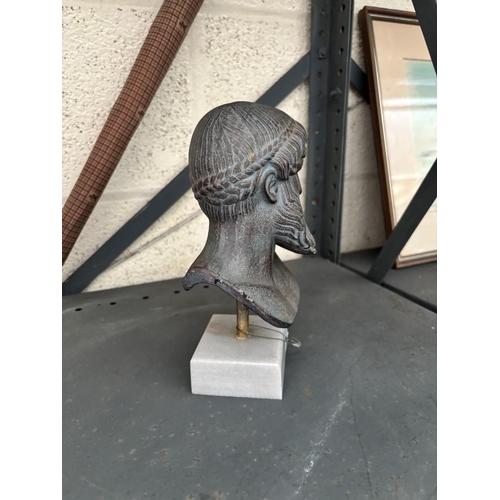 40 - Greek Artemision metal bust with marble base (21cm tall)