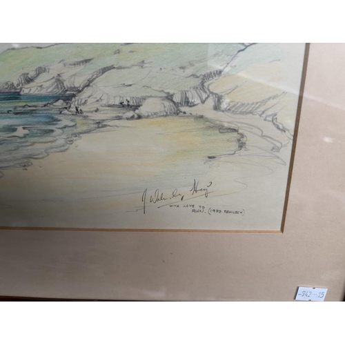 46 - Framed and glazed watercolour titled 'Whistling Sands' by Jean Walmsley Heap of Pendelfin