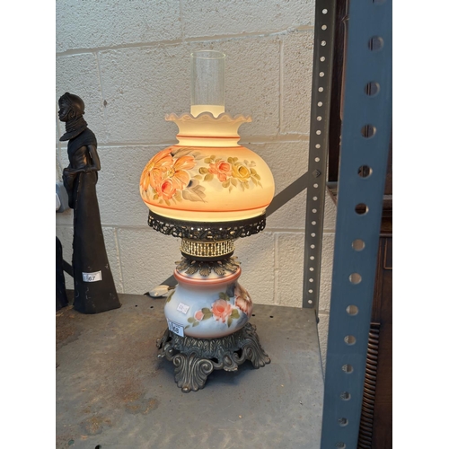 68 - Vintage floral glass 'oil lamp' style table lamp