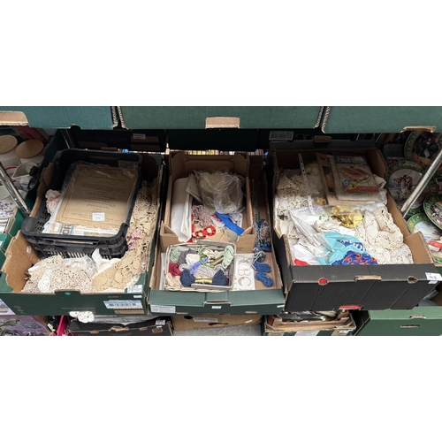 3 Boxes containing wool, doilies and vintage patterns etc