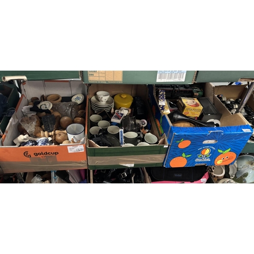 3 Boxes containing treen, Encore by Gaydon mugs, Bushnell binoculars etc