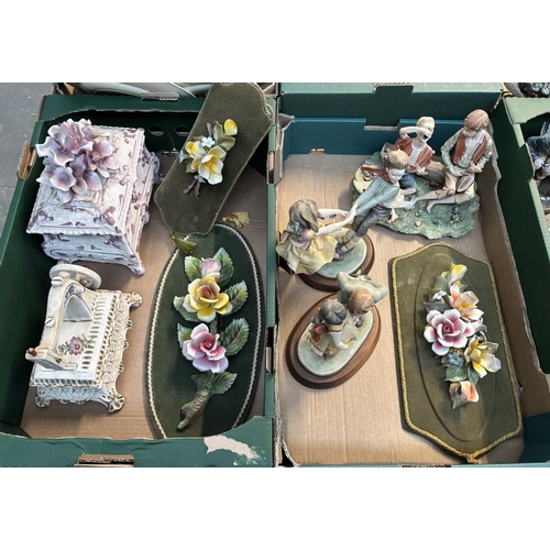 93 - 2 Boxes containing Capo Di Monte figures, 'sewing machine' trinket box and flowers