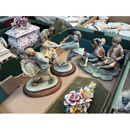 93 - 2 Boxes containing Capo Di Monte figures, 'sewing machine' trinket box and flowers