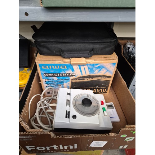 187 - Box containing an Aiwa CD radio cassette recorder, vintage Philips darkroom timer etc