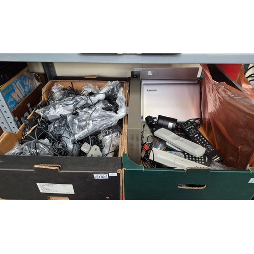 196 - 2 Boxes containing a quantity of cables and chargers, Lenovo laptops, and a CCTV security camera
