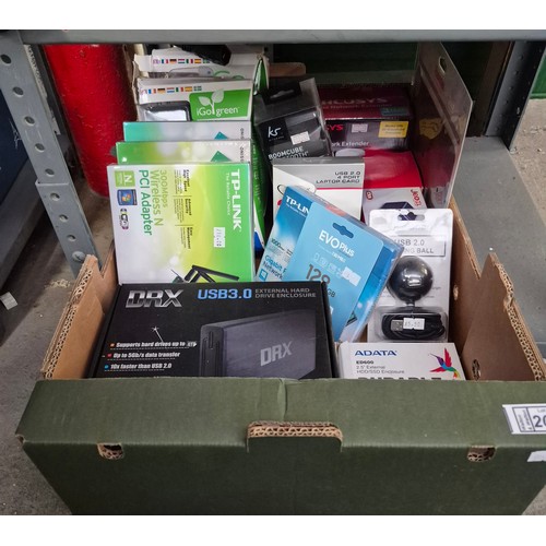 205 - Box containing electronics including new adapters, network extenders etc