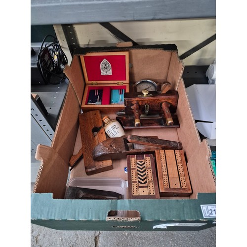 212 - Box containing cased collectible playing cards, including Waddingtons, vintage Rototherm desk thermo... 