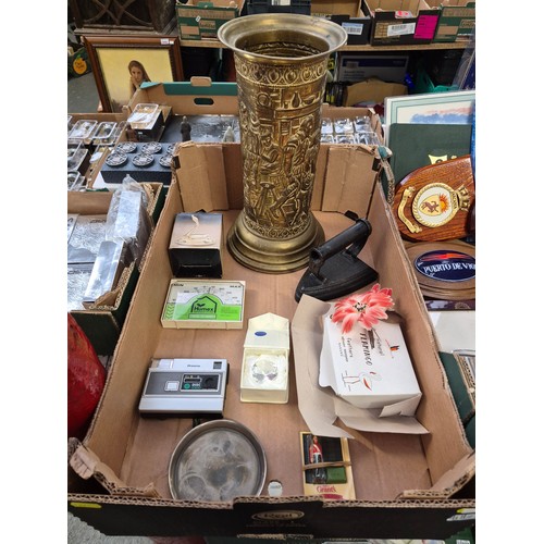 224 - Box containing a brass stick stand, vintage flat iron, Humex greenhouse system etc
