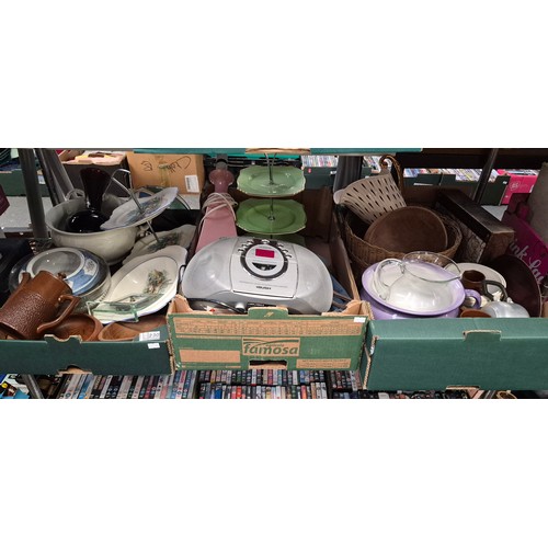 230 - 3 Boxes containing assorted ceramics including cake stands, an art glass vase, and a card & dice gam... 