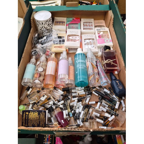232 - Box containing cosmetics including FM samples, and DIY nails etc