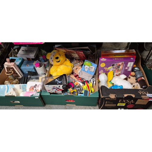 236 - 3 Boxes containing toys, and a quantity of new items including a 'Barks' purse