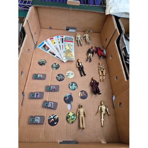 347 - Box containing vintage Star Wars figures, Tazos, and Phantom Menace data chips