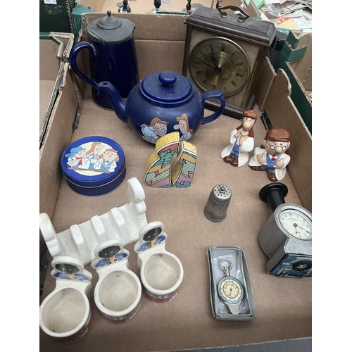 168 - Box containing collectibles including a vintage stamp clock, Robertson's Jam characters and a Tetley... 