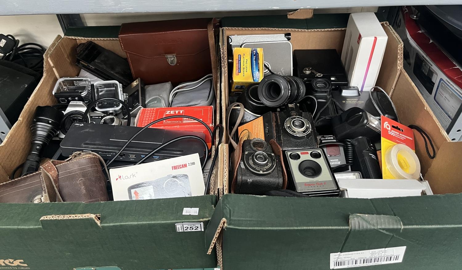 2 Boxes containing assorted cameras, lenses and accessories including ...