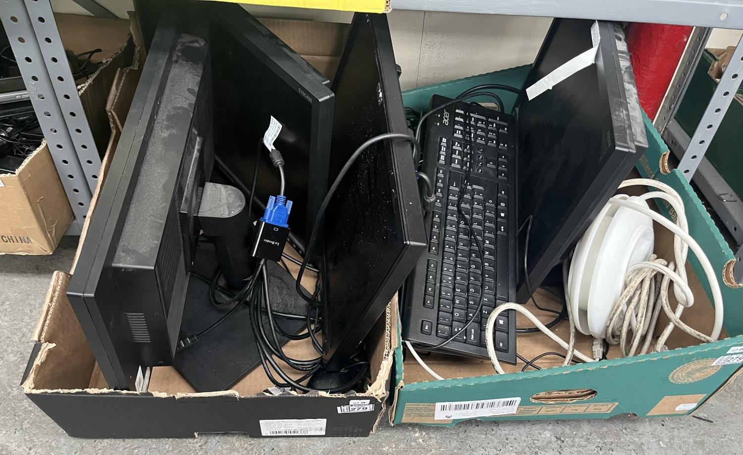 2 Boxes containing assorted computer monitors, keyboards etc