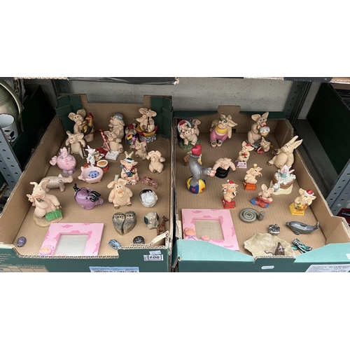 106 - 2 Boxes containing ornaments including Piggin Pigs and art glass pigs