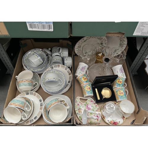 107 - 2 Boxes containing Johnson Bros China, decanters and a Royal Albert Old Country Roses tea cup and pl... 