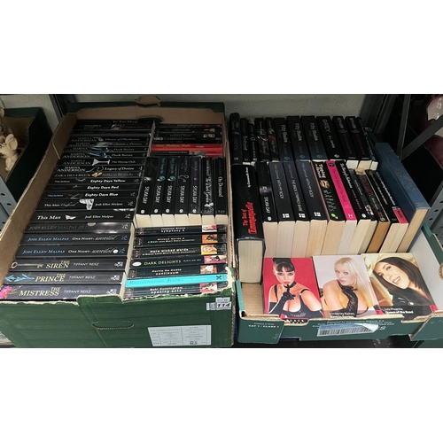 114 - 2 Boxes containing erotic novels by Tiffany Reisz and Fifty Shades Of Grey etc