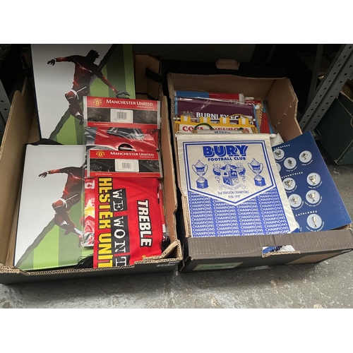 115 - 2 Boxes containing football related items including pennants and albums of Futera collector's cards