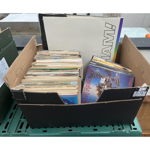 176 - Box containing LPs and singles including Iron Maiden, Wham and Status Quo