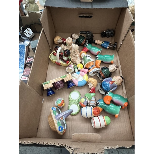 205 - Box containing novelty salt & peppers including Laurel & Hardy and Wade Jack & Vera Duckworth etc