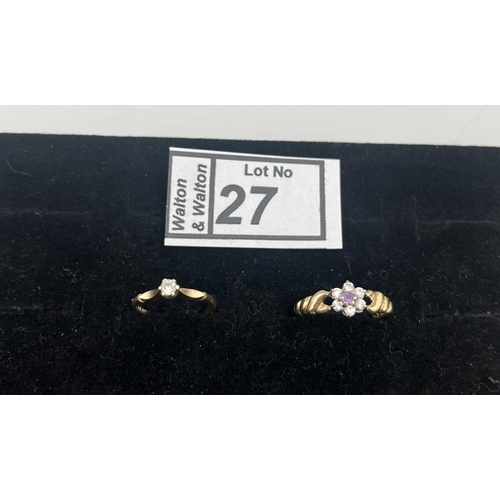 27 - 2 9ct Gold rings including diamond, 2.7g - Only 10% buyer's premium