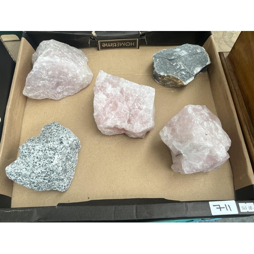 711 - Box containing a quantity of raw mineral specimens including Rose Quartz