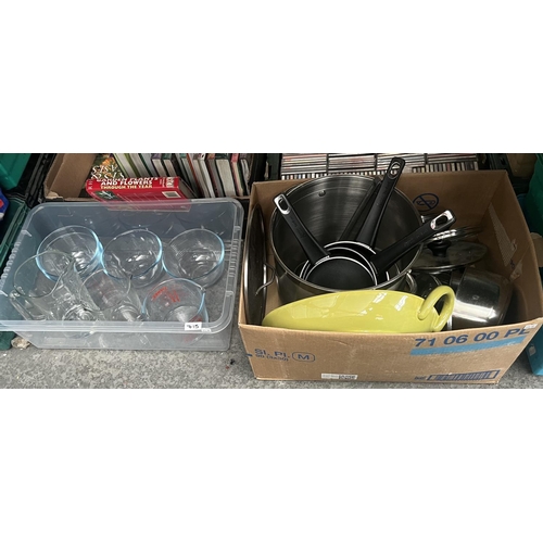 715 - 2 Boxes containing kitchenalia including Jamie Oliver pans and Pyrex jugs etc