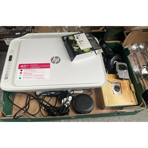 727 - Box containing HP printer, Canon digital camera and Amazon Dot speaker