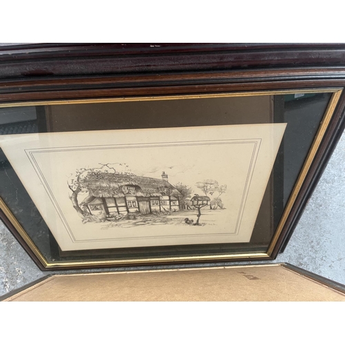 737 - 2 Vintage bevel edged mirrors and a quantity of framed and glazed pencil sketches by Glenda Rae
