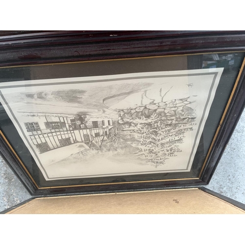 737 - 2 Vintage bevel edged mirrors and a quantity of framed and glazed pencil sketches by Glenda Rae