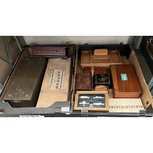 74 - 2 Boxes containing wooden trinket boxes etc