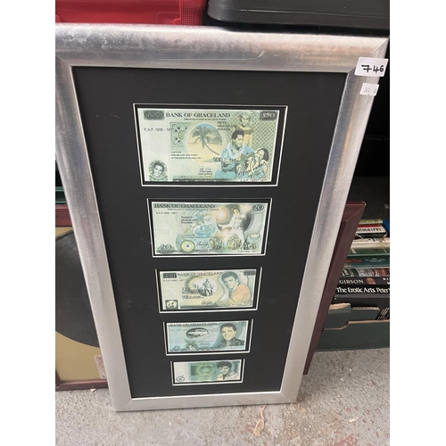 746 - Framed Elvis bank notes and a framed and glazed mounted record and bank notes