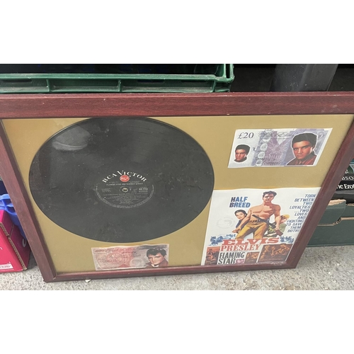 746 - Framed Elvis bank notes and a framed and glazed mounted record and bank notes