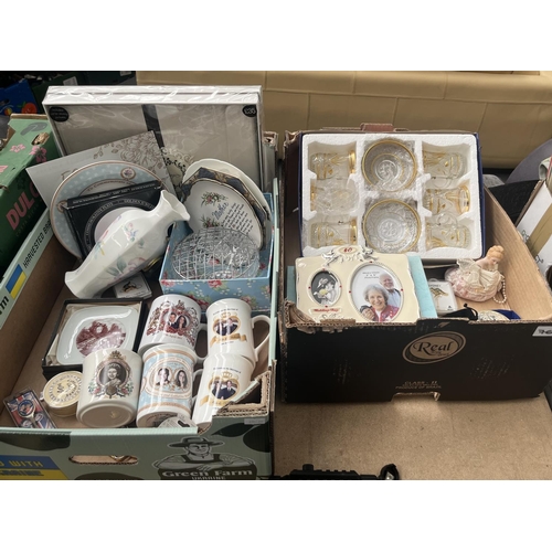 761 - 2 Boxes containing Royal memorabilia, Aynsley vase, photo frames and compacts