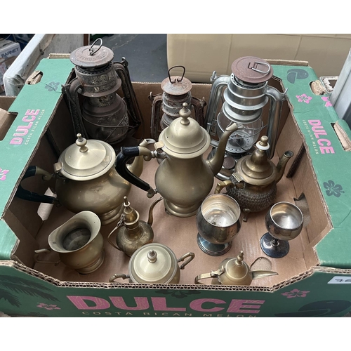 763 - Box containing assorted metal ware including brass, and 3 vintage gas lanterns